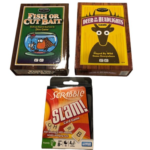 Game Bundle Dice & Card Games Scrabble Slam, Fish Or Cut Bait/Deer In Headlights - Picture 1 of 10
